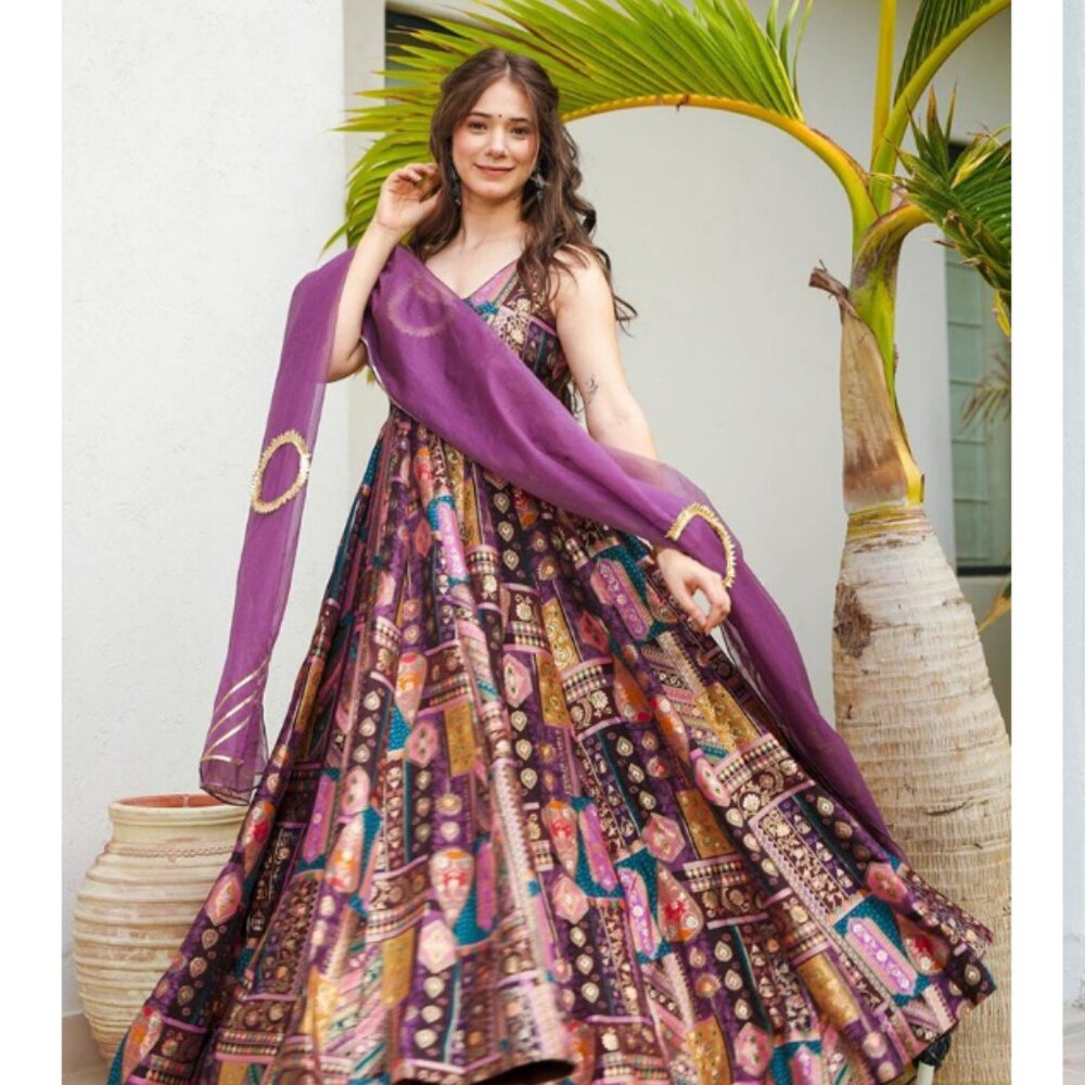 NWT Multicolor Digital Print Organza Anarkali Gown With Dupatta